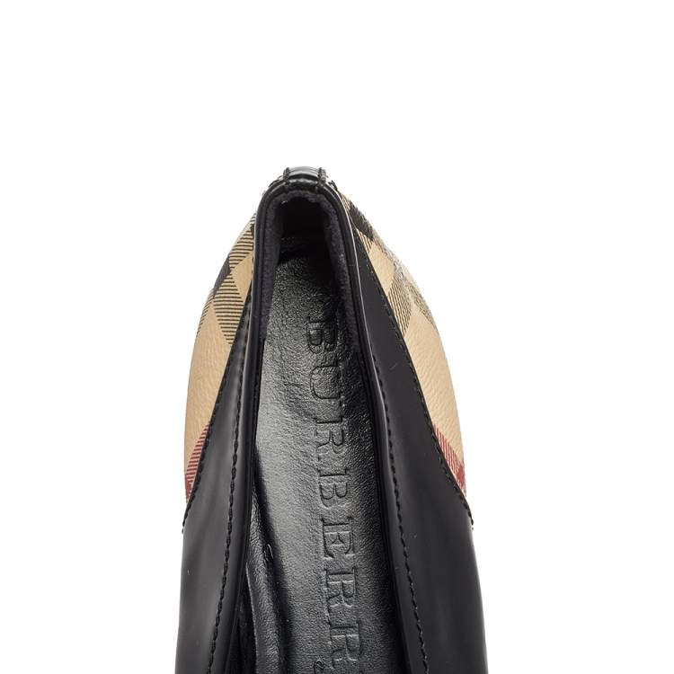 Pre Owned Burberry Black Leather And Haymarket Coated Canvas and Leather Bow Toe Cap Ballet Flats Size 40