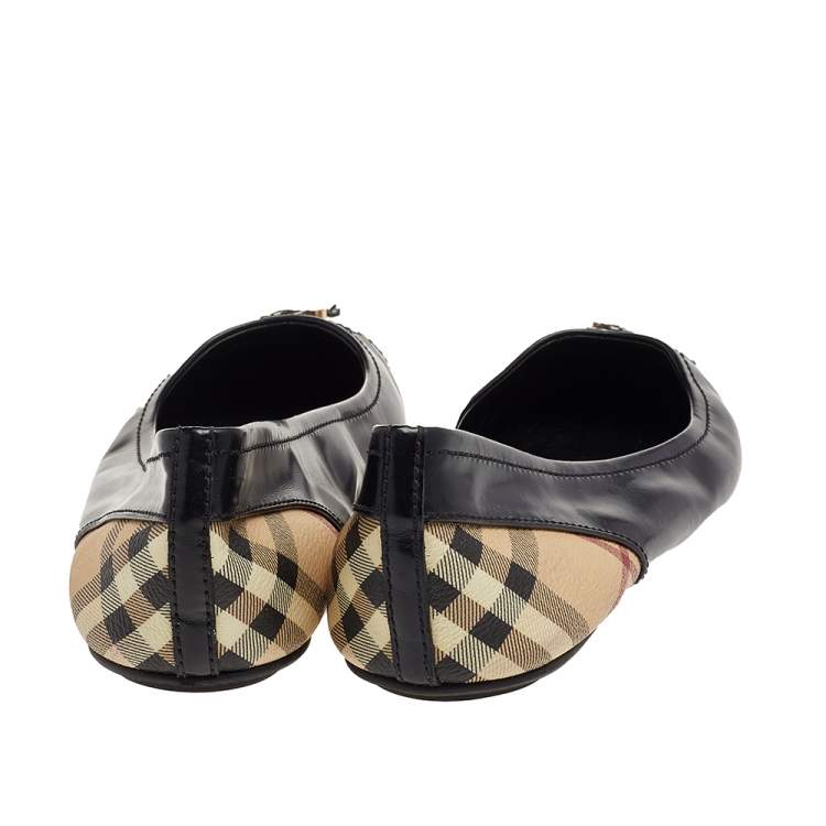 Pre Owned Burberry Black Leather And Haymarket Coated Canvas and Leather Bow Toe Cap Ballet Flats Size 40
