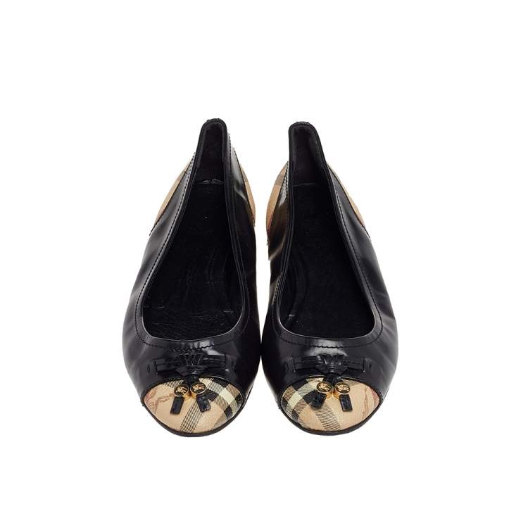 Pre Owned Burberry Black Leather And Haymarket Coated Canvas and Leather Bow Toe Cap Ballet Flats Size 40