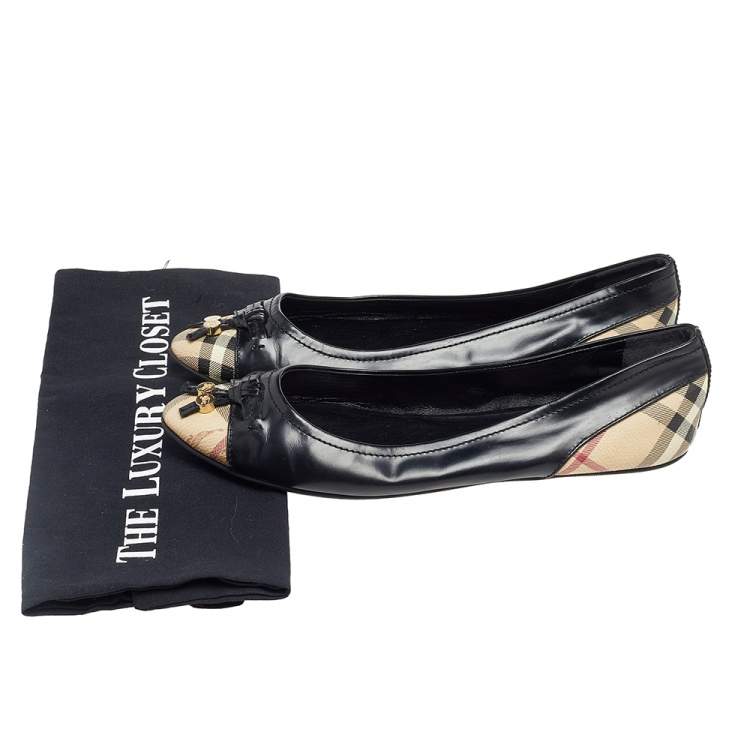 Pre Owned Burberry Black Leather And Haymarket Coated Canvas and Leather Bow Toe Cap Ballet Flats Size 40