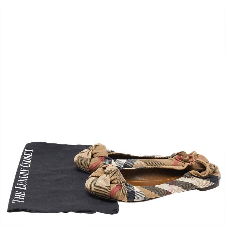 Pre Owned Burberry Beige Nova Check Canvas Knot Detail Ballet Flats Size 37