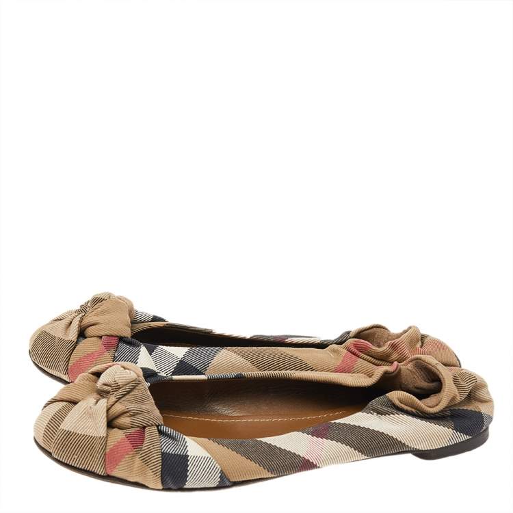 Pre Owned Burberry Beige Nova Check Canvas Knot Detail Ballet Flats Size 37