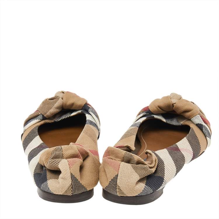 Pre Owned Burberry Beige Nova Check Canvas Knot Detail Ballet Flats Size 37