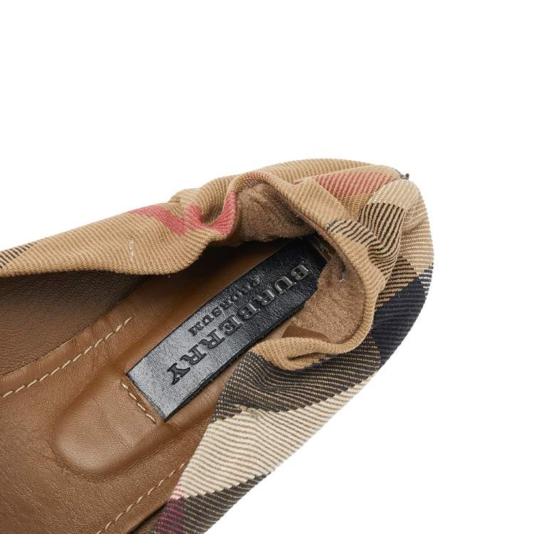 Pre Owned Burberry Beige Nova Check Canvas Knot Detail Ballet Flats Size 37