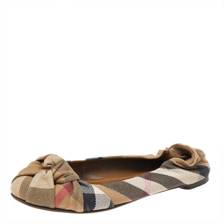 Pre Owned Burberry Beige Nova Check Canvas Knot Detail Ballet Flats Size 37
