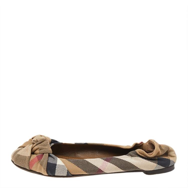 Pre Owned Burberry Beige Nova Check Canvas Knot Detail Ballet Flats Size 37
