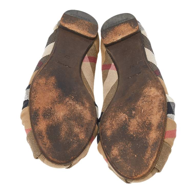 Pre Owned Burberry Beige Nova Check Canvas Knot Detail Ballet Flats Size 37