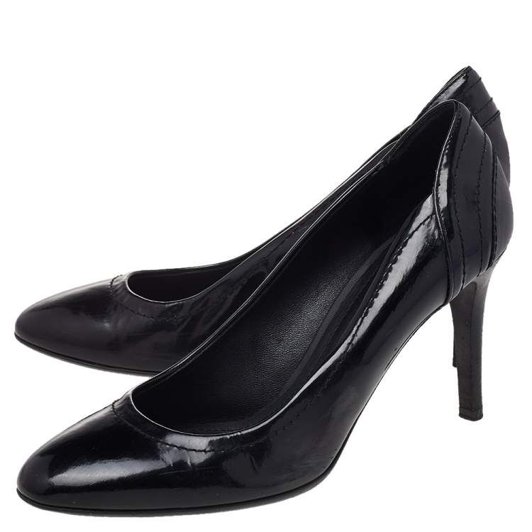 Pre Owned Burberry Black Patent Leather And Coated Canvas Pumps Size 37