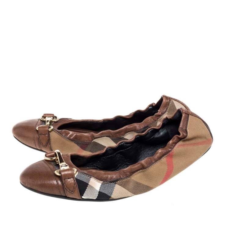 Pre Owned Burberry Brown House Check Canvas And Leather Shipley Ballet Flats Size 40