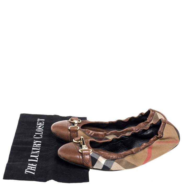 Pre Owned Burberry Brown House Check Canvas And Leather Shipley Ballet Flats Size 40