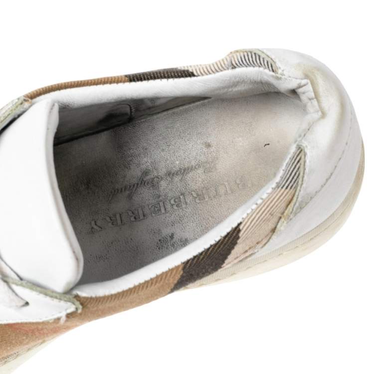 Pre Owned Burberry White  Leather And House Check Canvas Low Top Sneakers Size 39