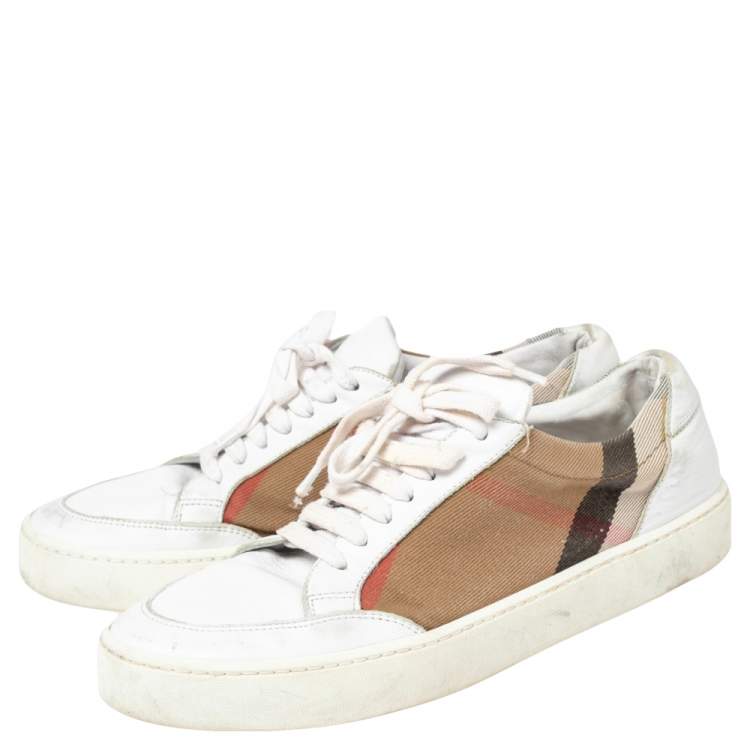 Pre Owned Burberry White  Leather And House Check Canvas Low Top Sneakers Size 39