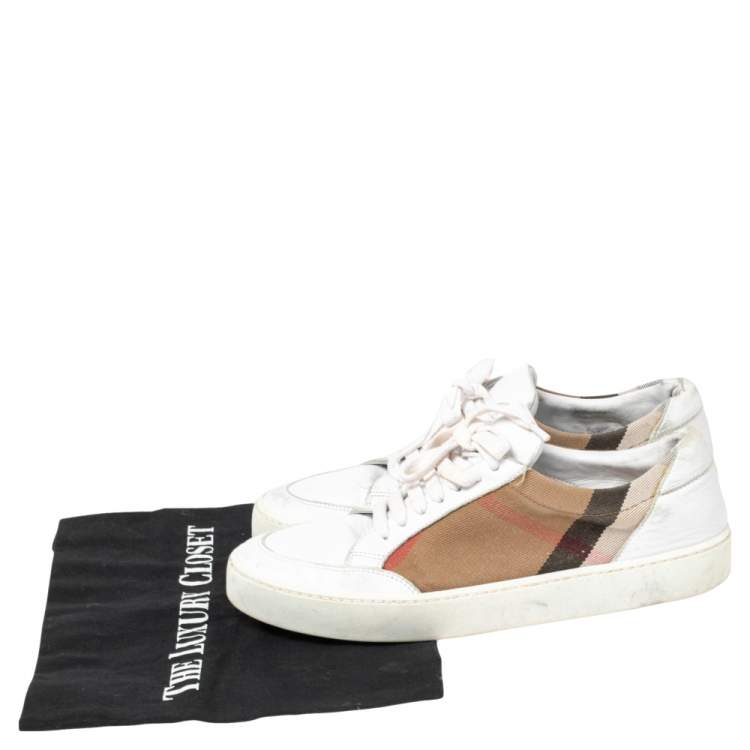Pre Owned Burberry White  Leather And House Check Canvas Low Top Sneakers Size 39