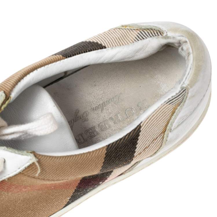 Pre Owned Burberry White  Leather And House Check Canvas Low Top Sneakers Size 39