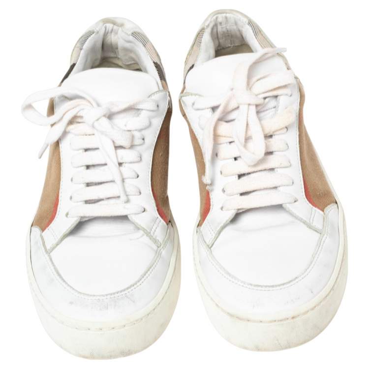 Pre Owned Burberry White  Leather And House Check Canvas Low Top Sneakers Size 39