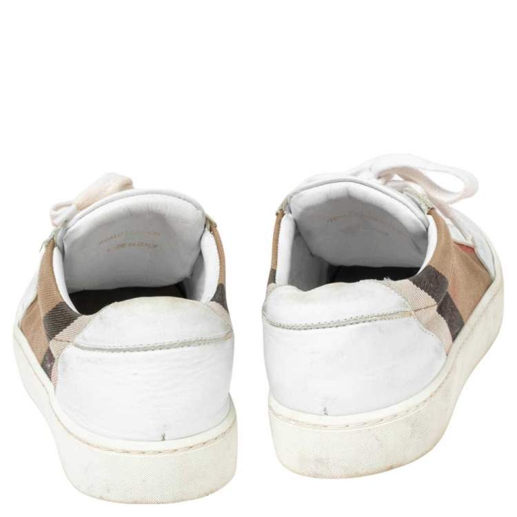 Pre Owned Burberry White  Leather And House Check Canvas Low Top Sneakers Size 39