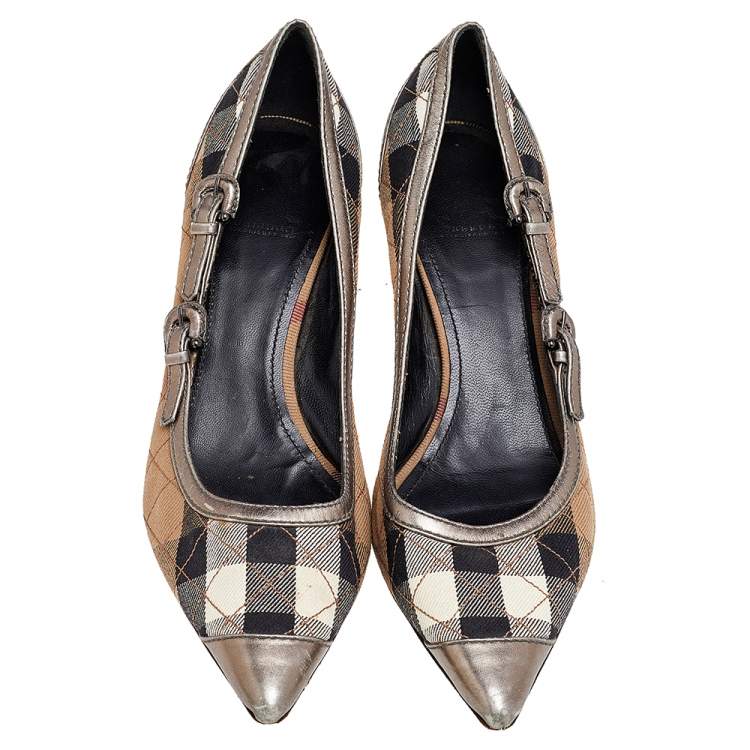Pre Owned Burberry Beige/Grey Nova Check Canvas And Leather Buckle Detail Pointed Toe Pumps Size 39