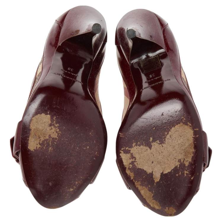 Pre Owned Burberry Burgundy Nova Check Coated Canvas and Patent Leather Buckle Peep Toe Pumps Size 38