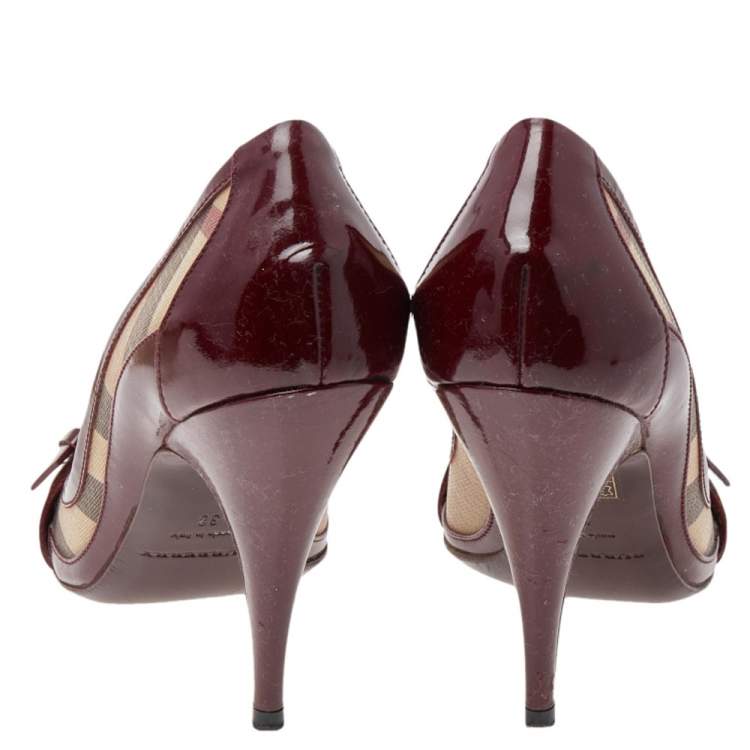 Pre Owned Burberry Burgundy Nova Check Coated Canvas and Patent Leather Buckle Peep Toe Pumps Size 38
