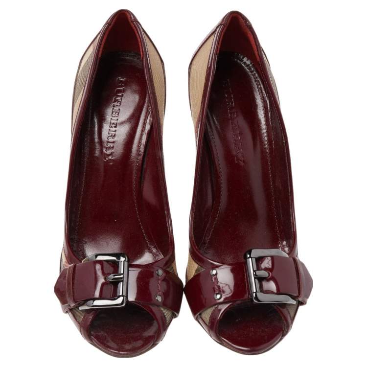 Pre Owned Burberry Burgundy Nova Check Coated Canvas and Patent Leather Buckle Peep Toe Pumps Size 38