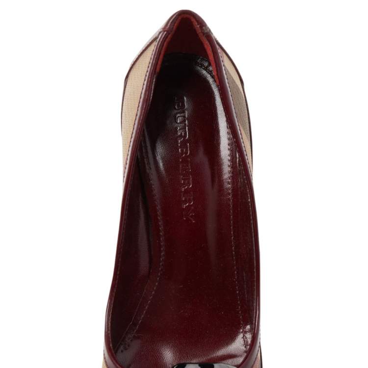 Pre Owned Burberry Burgundy Nova Check Coated Canvas and Patent Leather Buckle Peep Toe Pumps Size 38