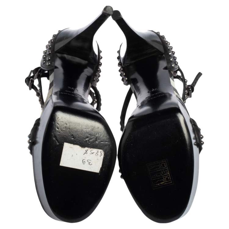 Pre Owned Burberry Black Leather Criss Cross Studded Platform Sandals Size 39.5