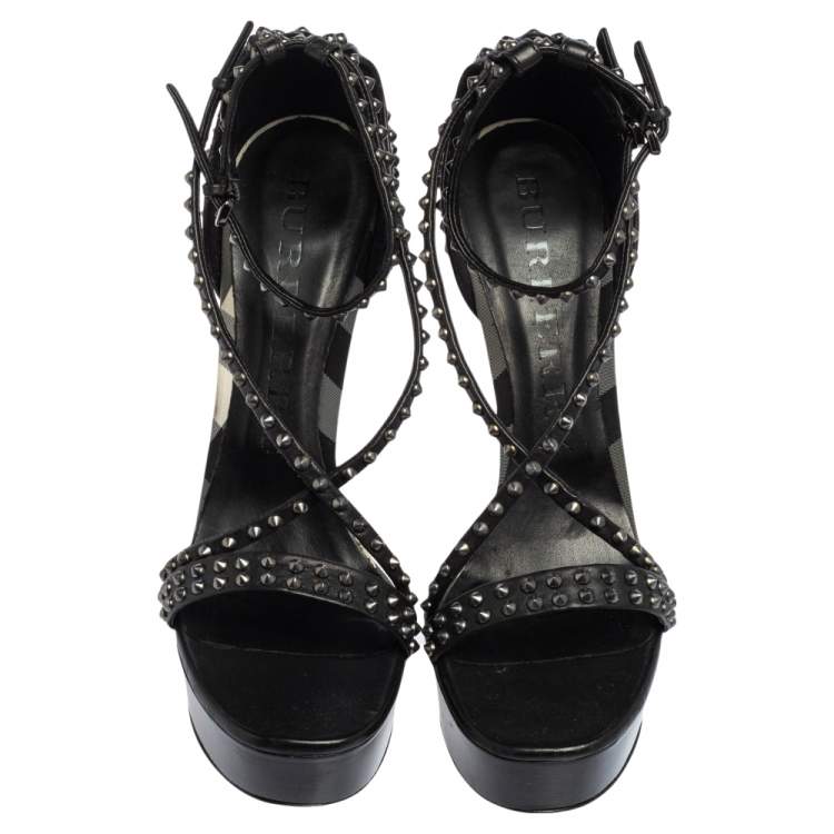 Pre Owned Burberry Black Leather Criss Cross Studded Platform Sandals Size 39.5