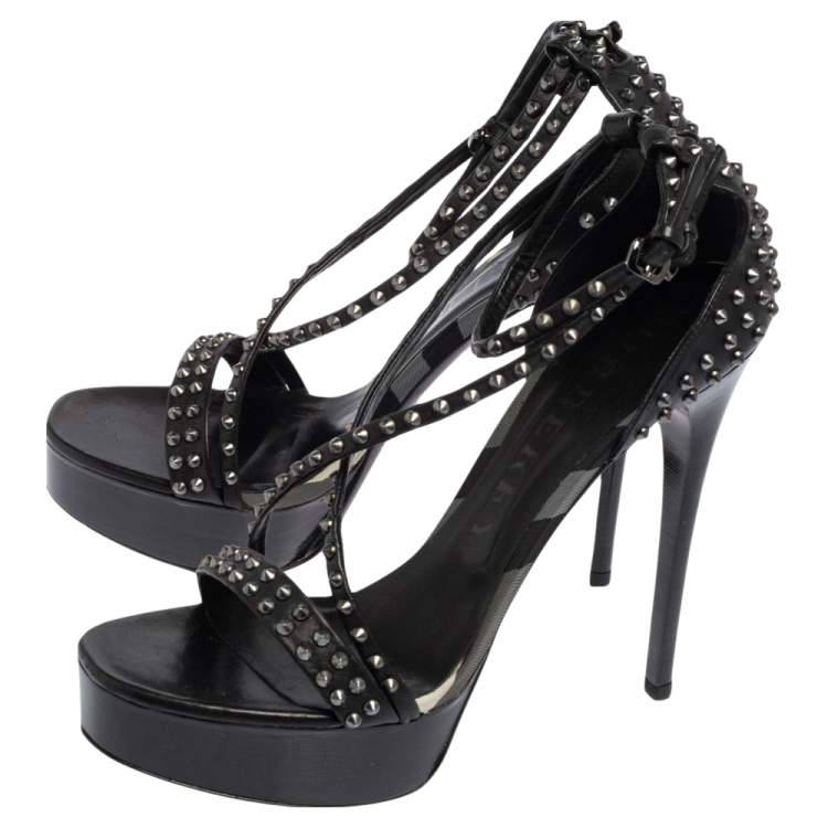 Pre Owned Burberry Black Leather Criss Cross Studded Platform Sandals Size 39.5