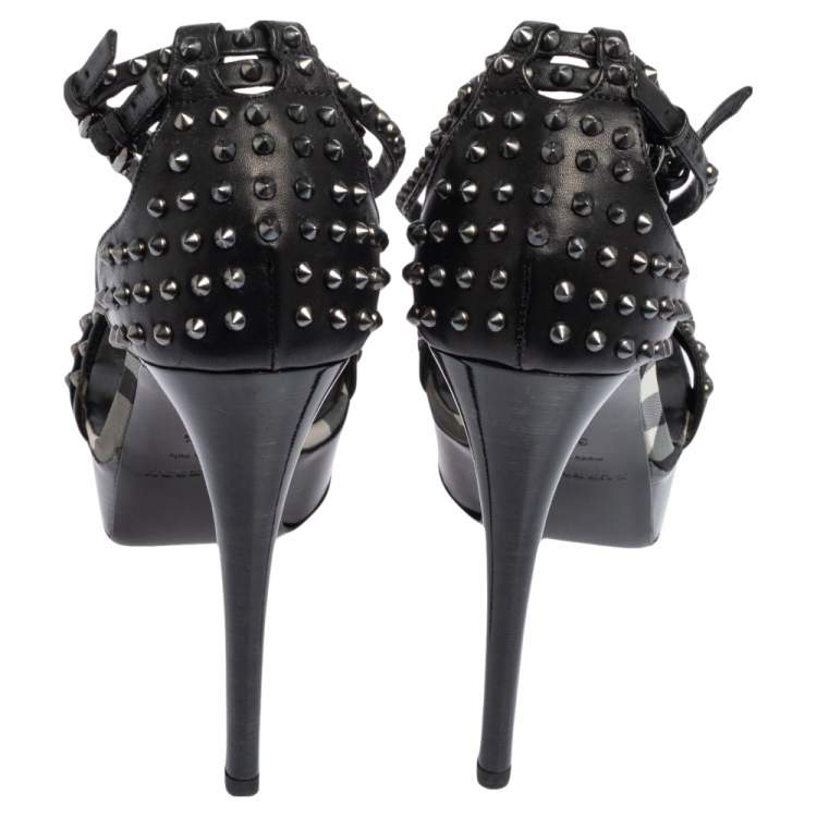 Pre Owned Burberry Black Leather Criss Cross Studded Platform Sandals Size 39.5
