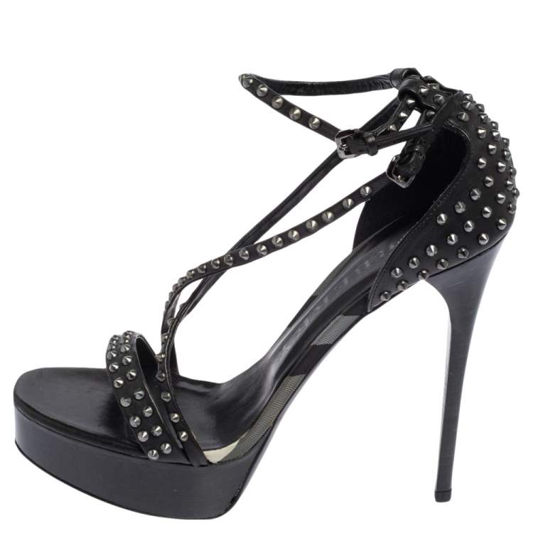 Pre Owned Burberry Black Leather Criss Cross Studded Platform Sandals Size 39.5