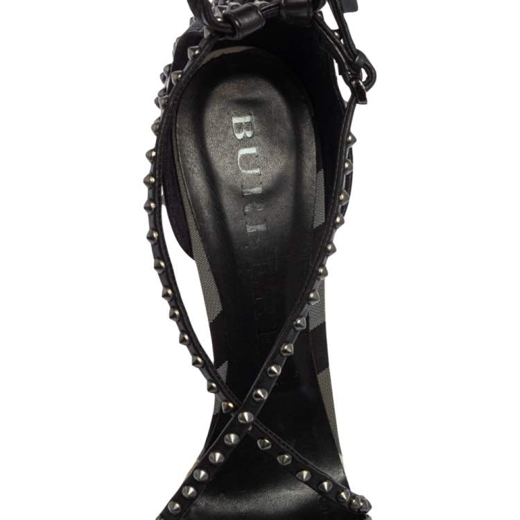 Pre Owned Burberry Black Leather Criss Cross Studded Platform Sandals Size 39.5