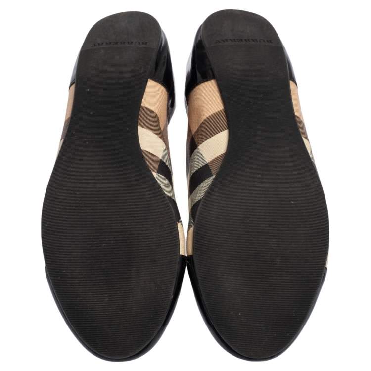 Pre Owned Burberry Black Patent Leather And Nova Check Canvas Scrunch Ballet Flats Size 38