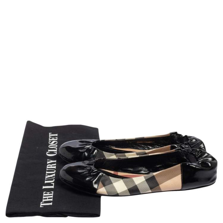 Pre Owned Burberry Black Patent Leather And Nova Check Canvas Scrunch Ballet Flats Size 38