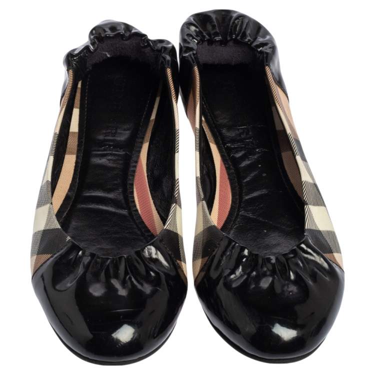 Pre Owned Burberry Black Patent Leather And Nova Check Canvas Scrunch Ballet Flats Size 38