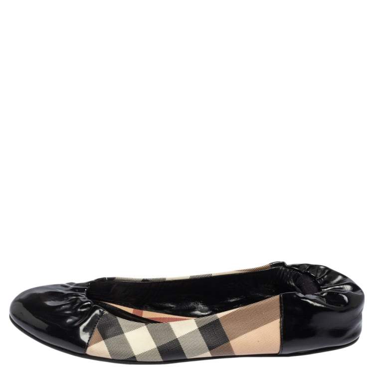 Pre Owned Burberry Black Patent Leather And Nova Check Canvas Scrunch Ballet Flats Size 38