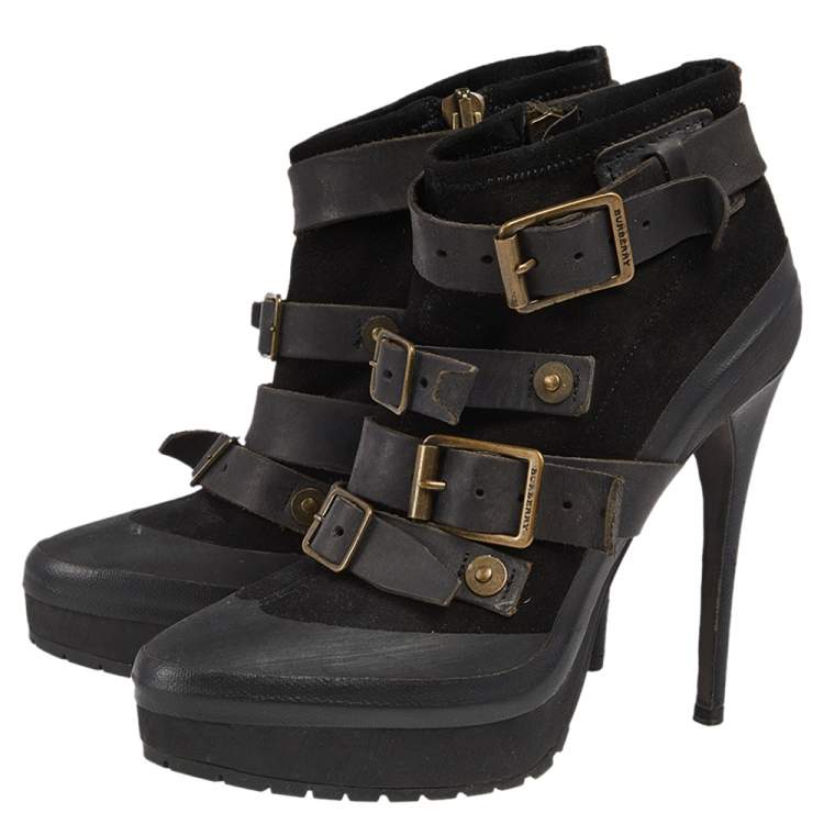 Pre Owned Burberry Black Leather and Suede Buckle Detail Ankle Boots Size 38
