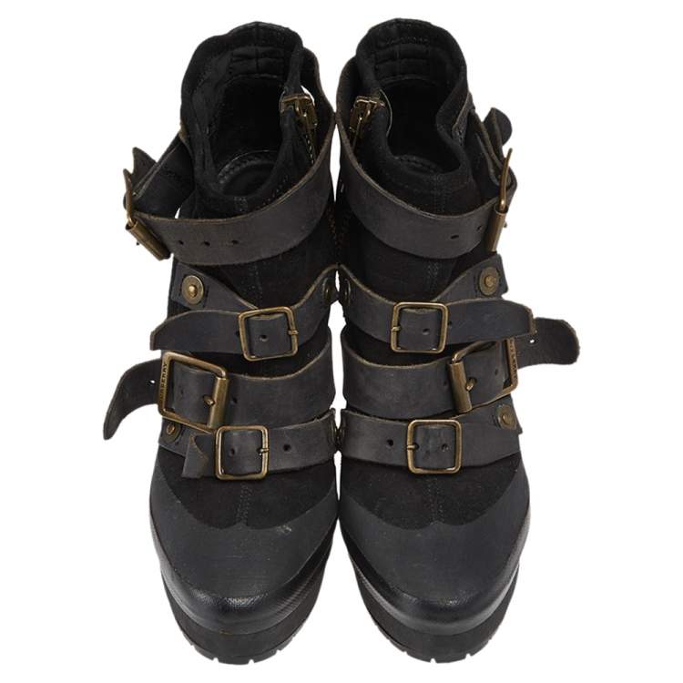 Pre Owned Burberry Black Leather and Suede Buckle Detail Ankle Boots Size 38