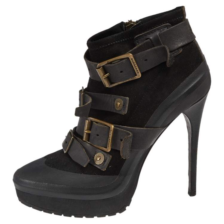 Pre Owned Burberry Black Leather and Suede Buckle Detail Ankle Boots Size 38