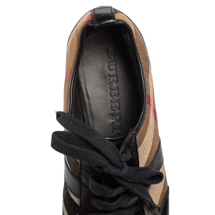 Pre Owned Burberry Black Leather And Nova Check Canvas Lace Up Sneakers Size 36
