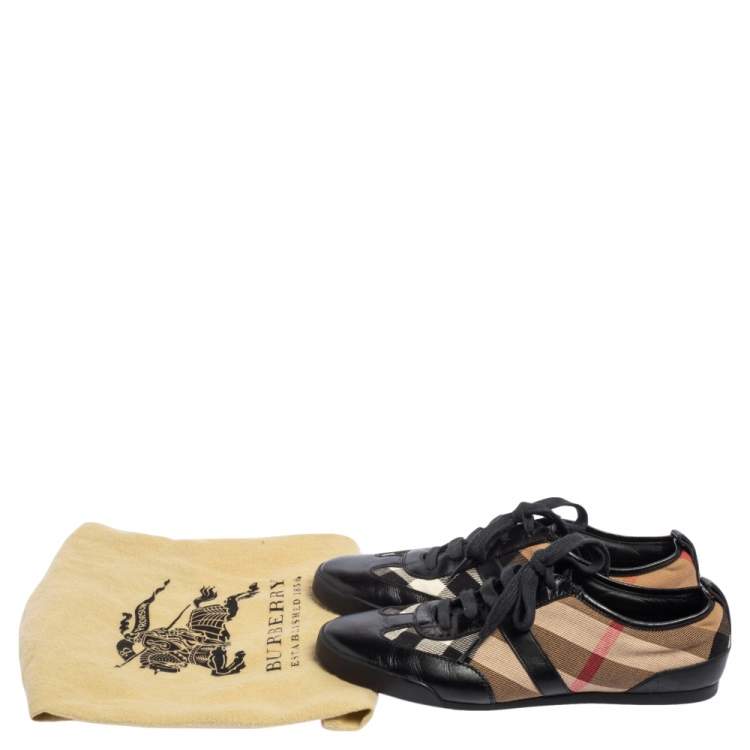 Pre Owned Burberry Black Leather And Nova Check Canvas Lace Up Sneakers Size 36
