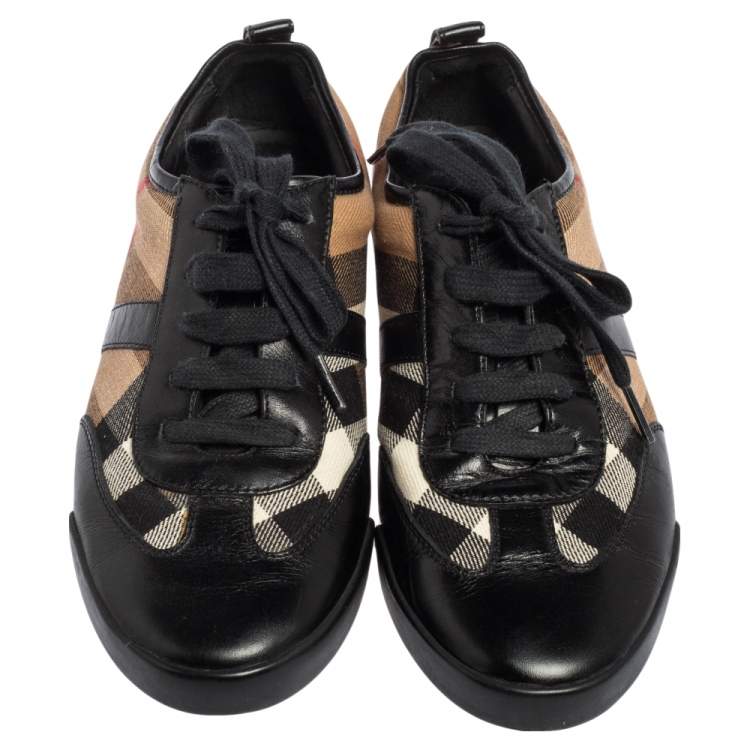 Pre Owned Burberry Black Leather And Nova Check Canvas Lace Up Sneakers Size 36