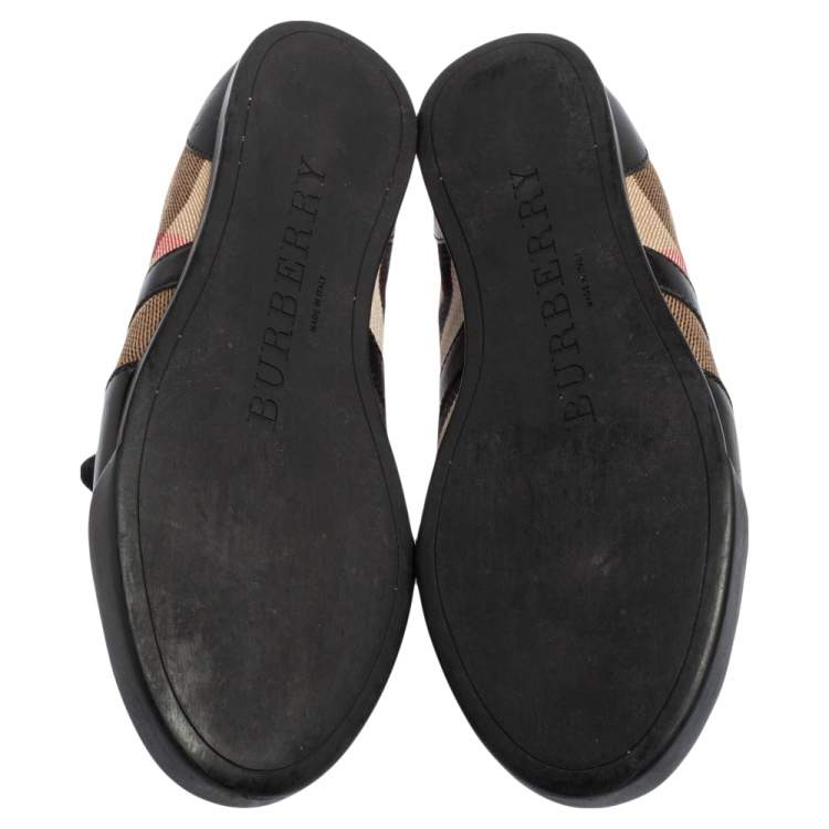 Pre Owned Burberry Black Leather And Nova Check Canvas Lace Up Sneakers Size 36