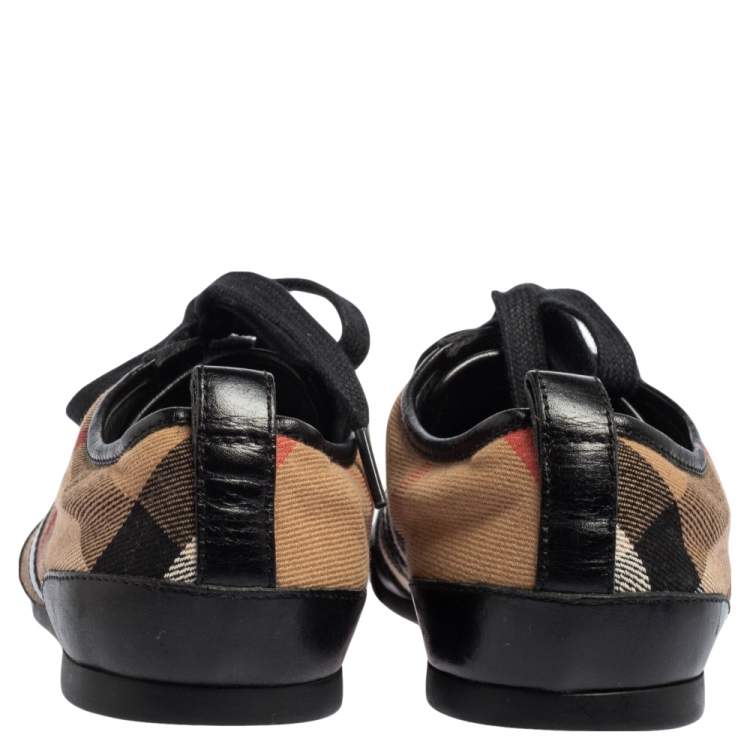 Pre Owned Burberry Black Leather And Nova Check Canvas Lace Up Sneakers Size 36