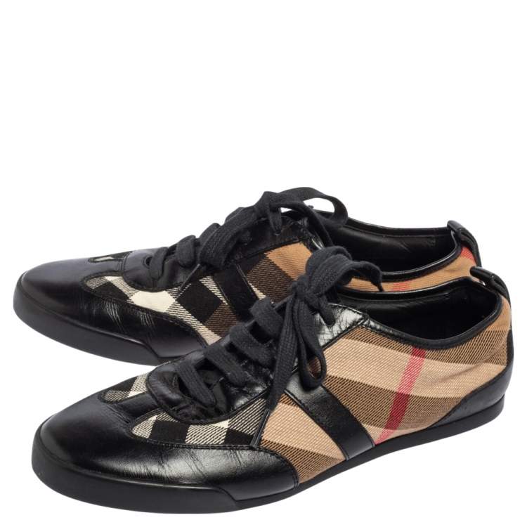 Pre Owned Burberry Black Leather And Nova Check Canvas Lace Up Sneakers Size 36