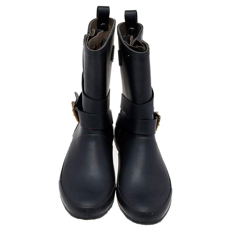 Pre Owned Burberry Black Rubber Buckle Detail Rain Boots Size 38