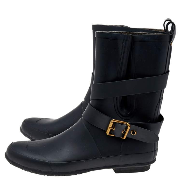 Pre Owned Burberry Black Rubber Buckle Detail Rain Boots Size 38