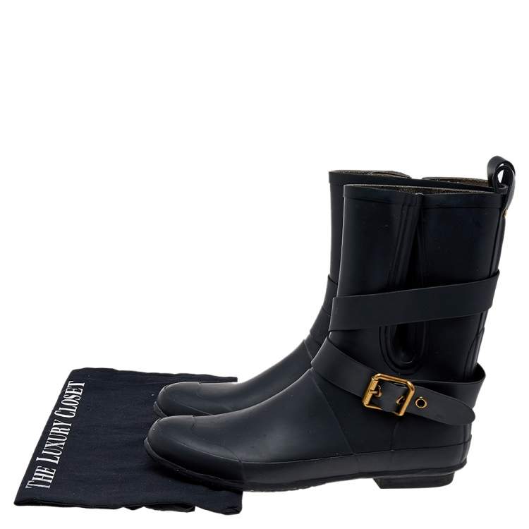 Pre Owned Burberry Black Rubber Buckle Detail Rain Boots Size 38