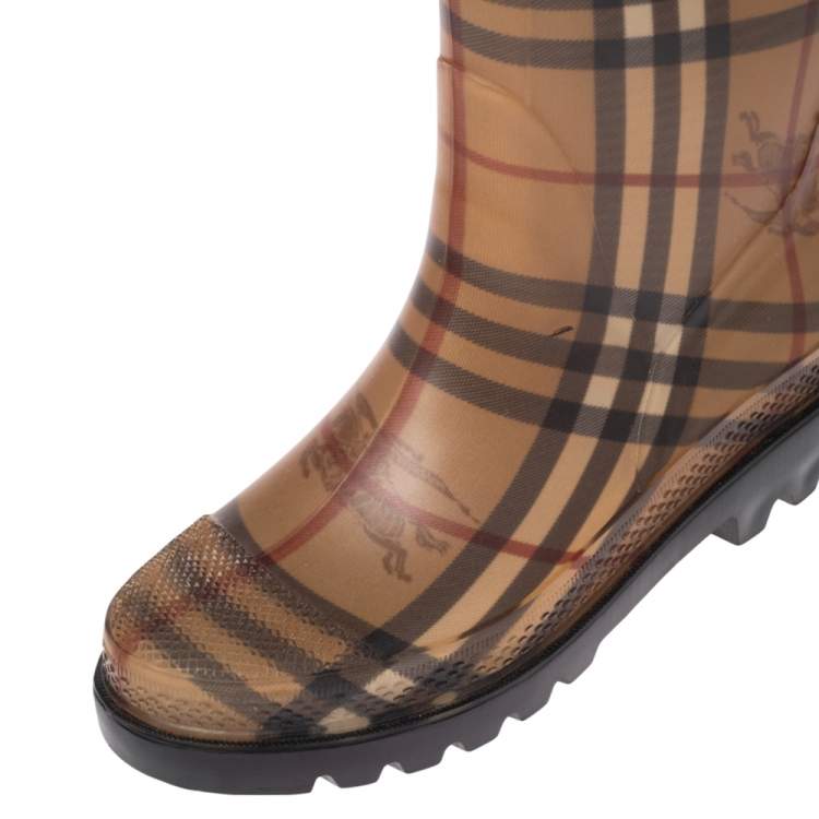 Pre Owned Burberry Beige House Check Rubber Rain Boots Size 36