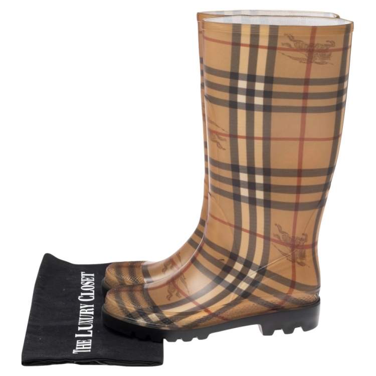 Pre Owned Burberry Beige House Check Rubber Rain Boots Size 36