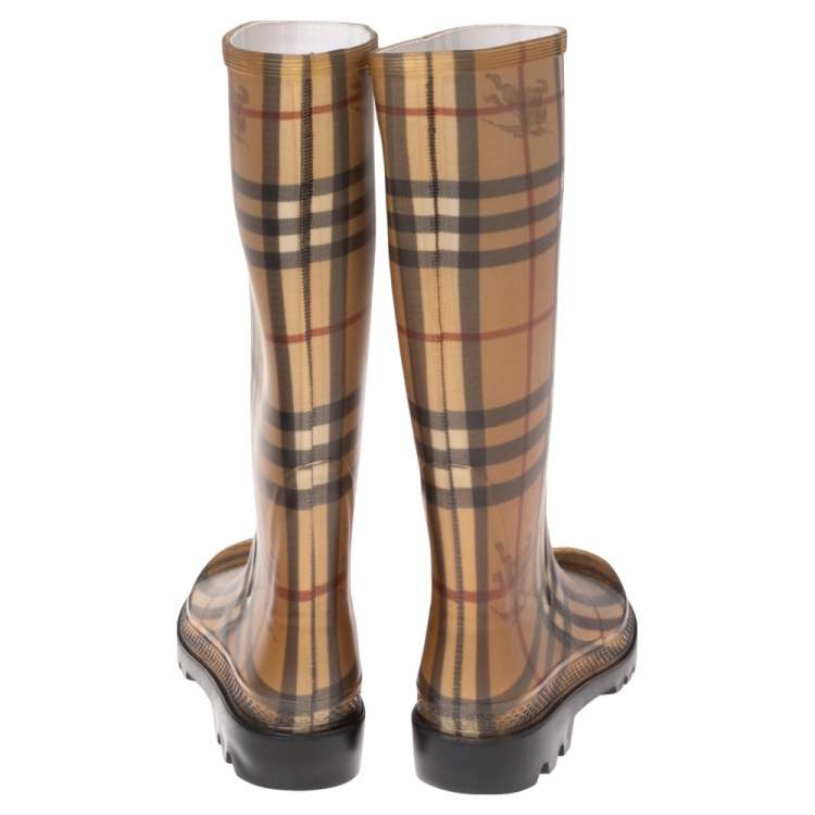 Pre Owned Burberry Beige House Check Rubber Rain Boots Size 36